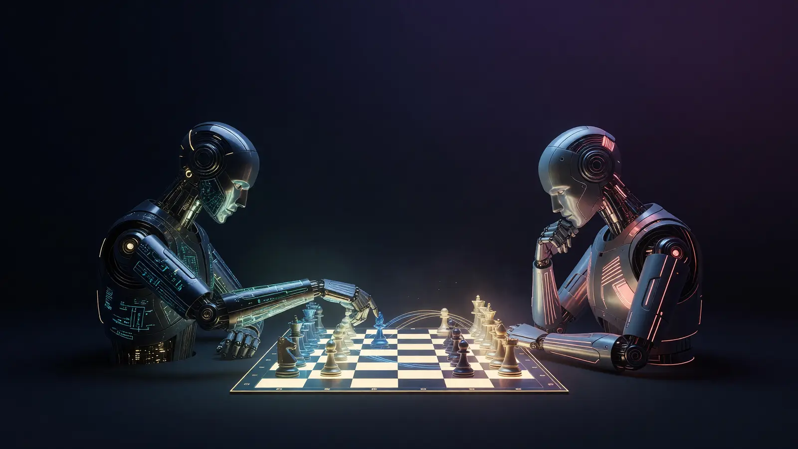 ChatGPT and Claude facing off across a glowing chessboard